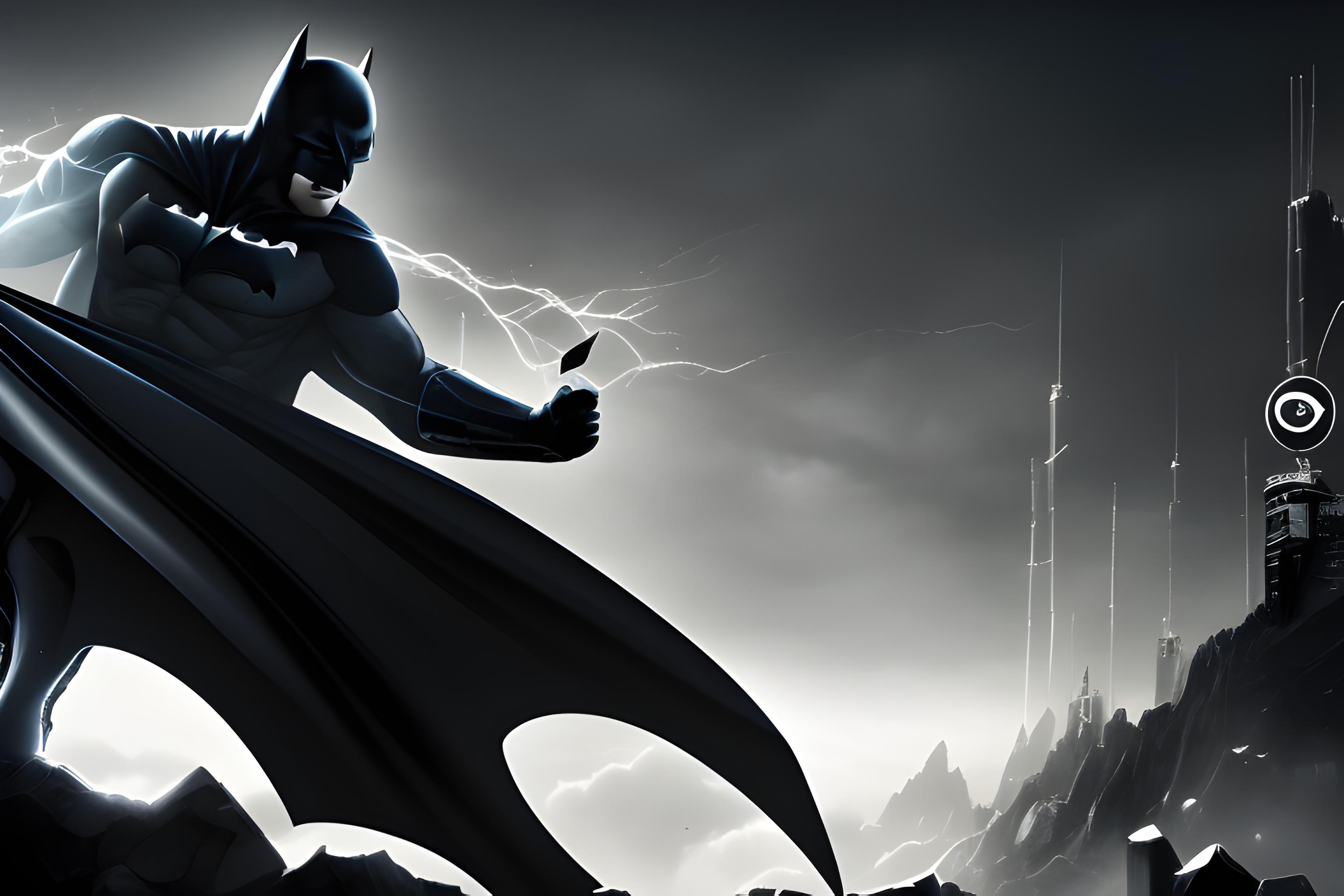 Batman in primo piano che osserva dall'alto i cattivi compiere un azione malvagia e lui è pronto a …